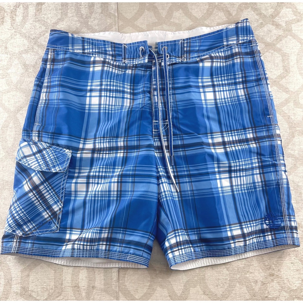 Timberland Men Plaid Swim Trunks Board Cargo Shorts Size 36 Blue Cargo Pocket